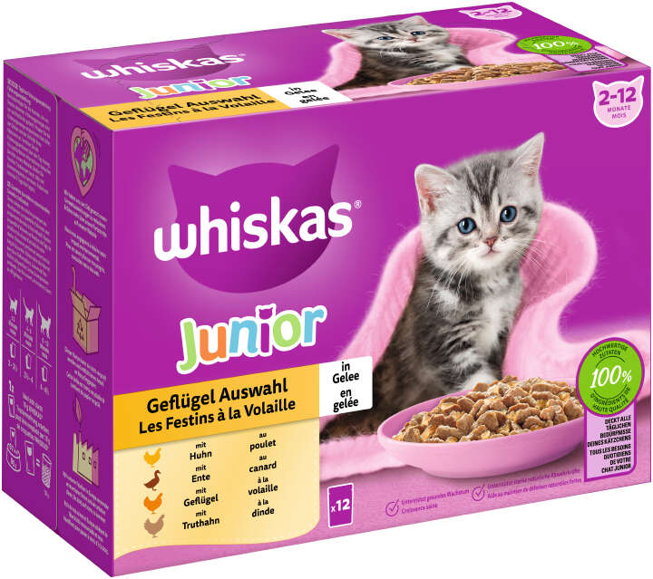 whiskas Katzen-Nassfutter Portionsbeutel Multipack Junior Geflügel Auswahl in Gelee 12 x 85g